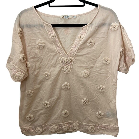 Boden Pink Shirt Short Sleeve‎ top embroidered W/ Floral rosettes Sz US 10 - Picture 1 of 15